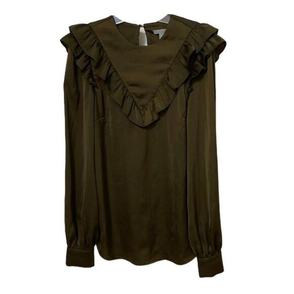 H&M Olive Green Ruffled Blouse Womens Size 2 - Picture 1 of 11